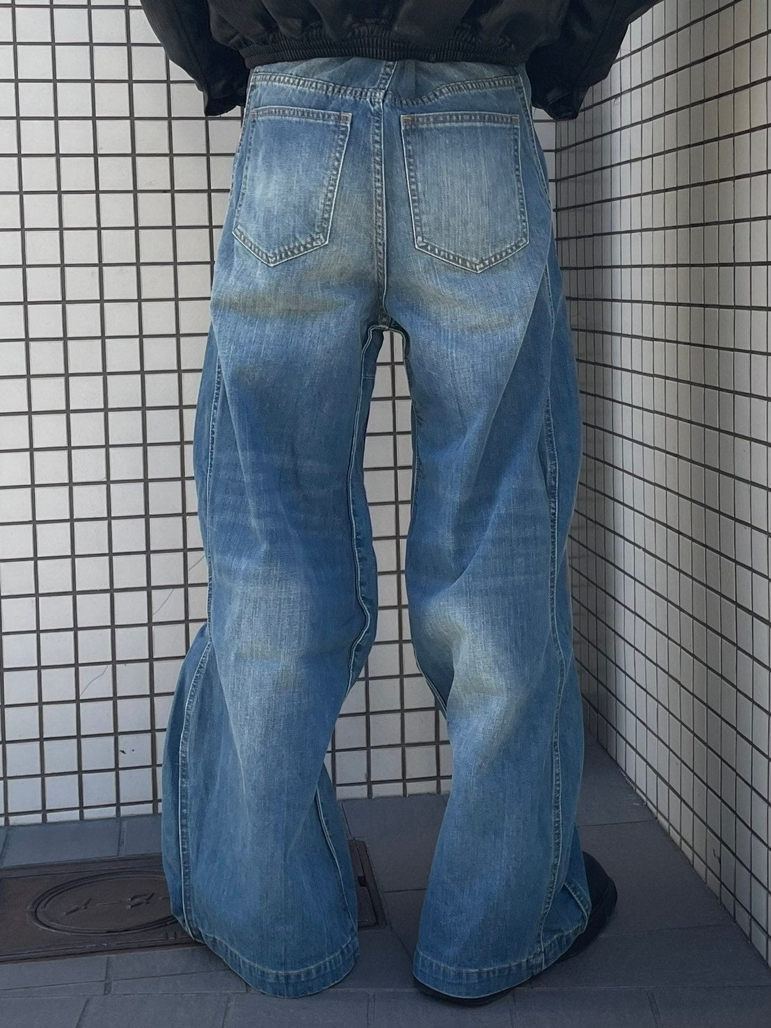 【Chikashitsu +】side wave design denim pants