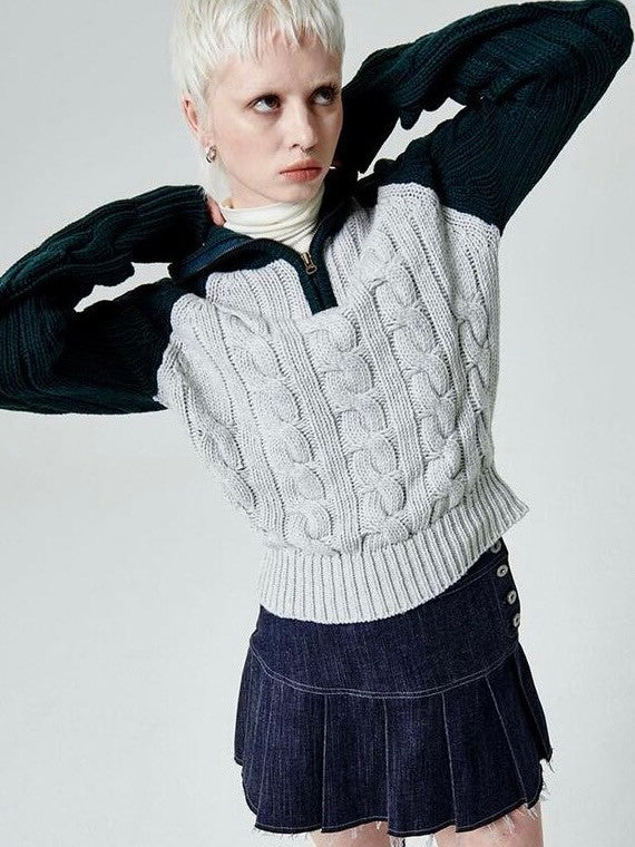 【runningHIGH】COLOR BLOCK TURTLENECK ZIP UP KNIT PULLOVER