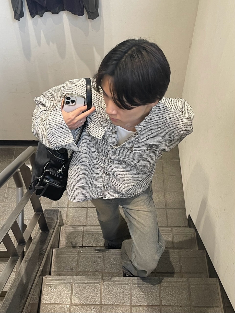 受注制【Chikashitsu +】no collar light tweed shirt (2color)