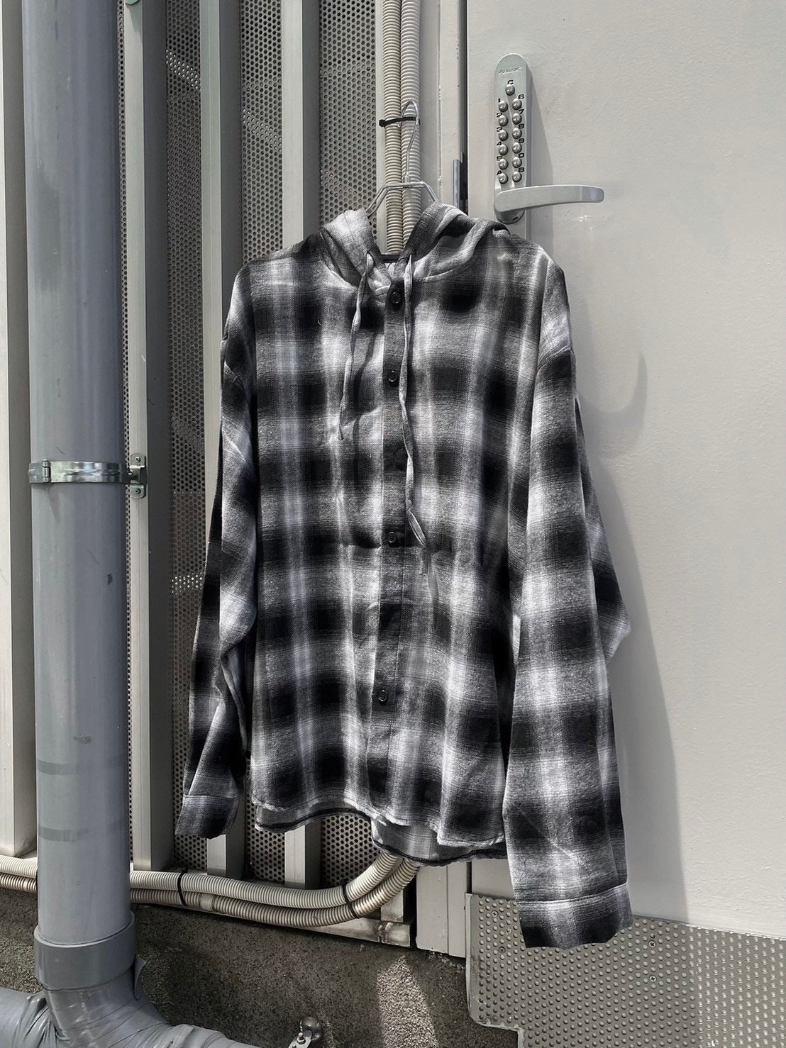 受注制【Never mind the XU】check hood shirt / 【ネバーマインドザエックスユー】チェックフード長袖シャツ