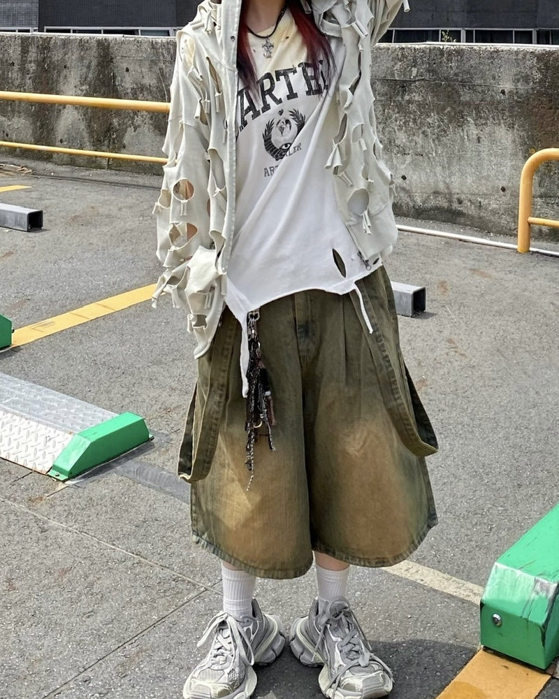 受注制【Never mind the XU】strap denim half pants (2color)