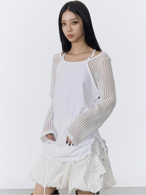 【NOT KNOWING】Net Sleeve Neck Strap O-Ring Top