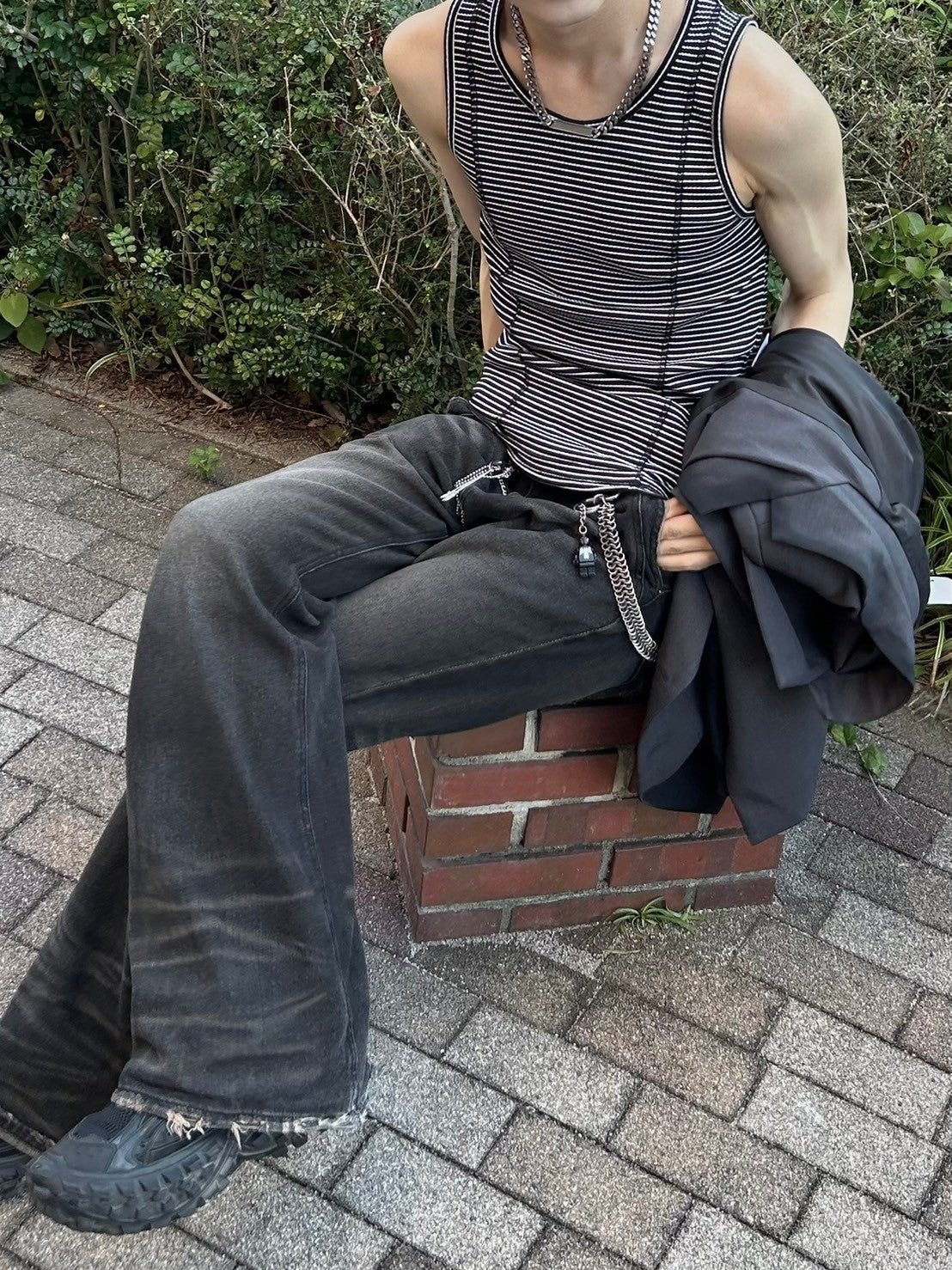 受注制【Chikashitsu +】border stitch rib sleeveless (2color) / 【チカシツプラス】ボーダーステッチリブタンクトップ