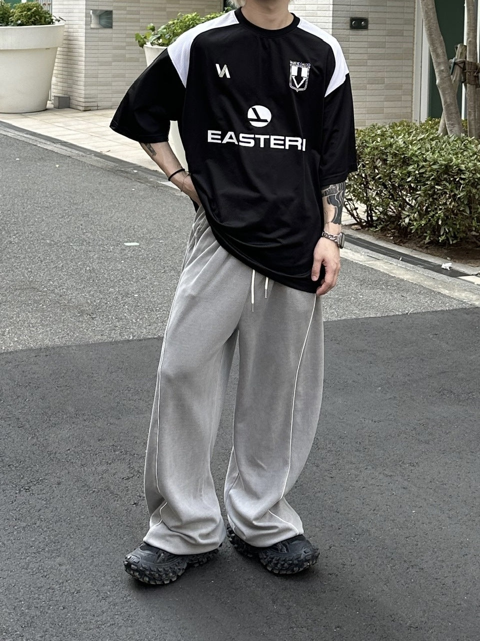 大阪店WEB限定受注制【Chikashitsu +】pigment piping wide sweat pants (2color)
