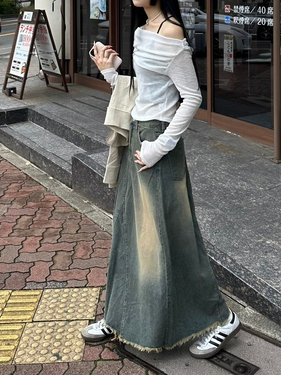 受注制【oaks】vintage wash denim maxi skirt (2color)