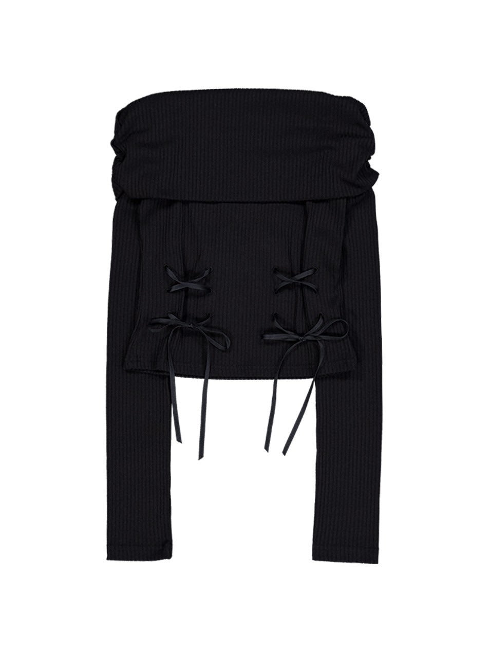 【SETUP-EXE】CORSET OFF-SHOULDER TOP / 【セットアップエグゼ】コルセットリボンオフショルダー長袖Tシャツ