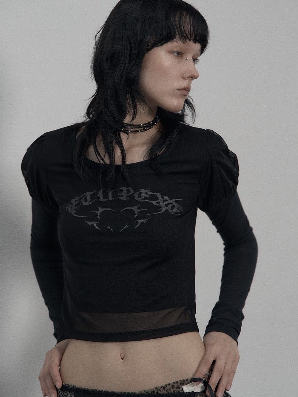 【SETUP-EXE】MESH LAYERED TOP / 【セットアップエグゼ】メッシュレイヤードロゴプリント長袖Tシャツ