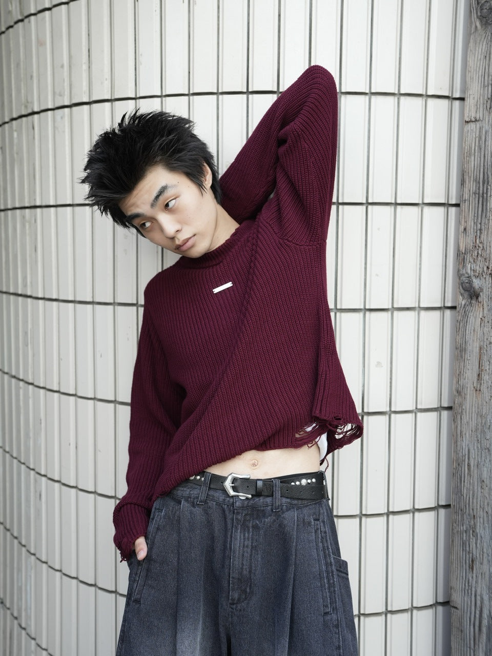 【CS】mock neck damage knit (red)