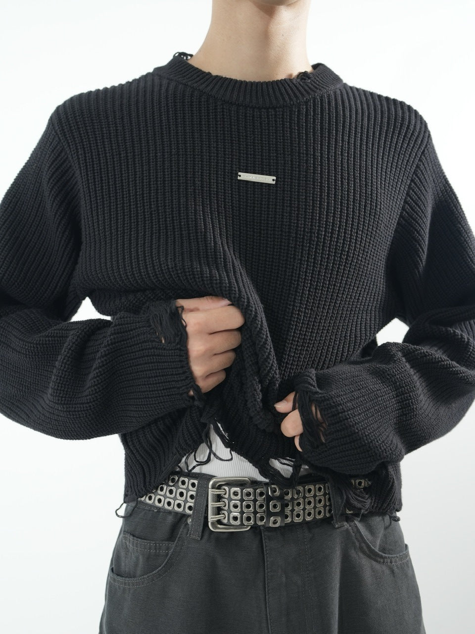 【CS】mock neck damage knit (black)