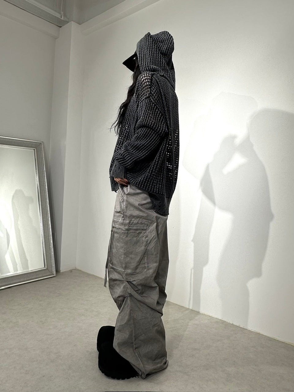 受注制【Never mind the XU】mesh zip damage hoodie (2color) / 【ネバーマインド ザ エックスユー】メッシュダメージジップアップ長袖パーカー