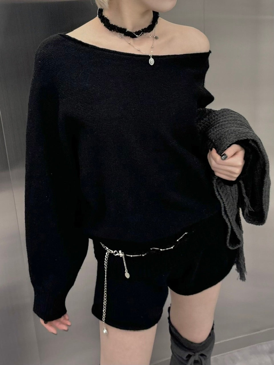 【nmtc +】one shoulder knit and shorts set (4color)