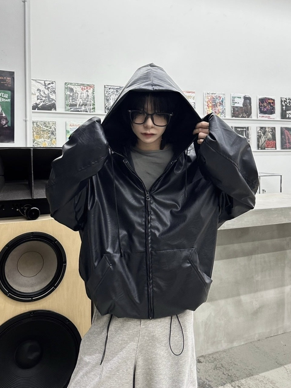 国際配送【LUV CODE】leather hooded jacket