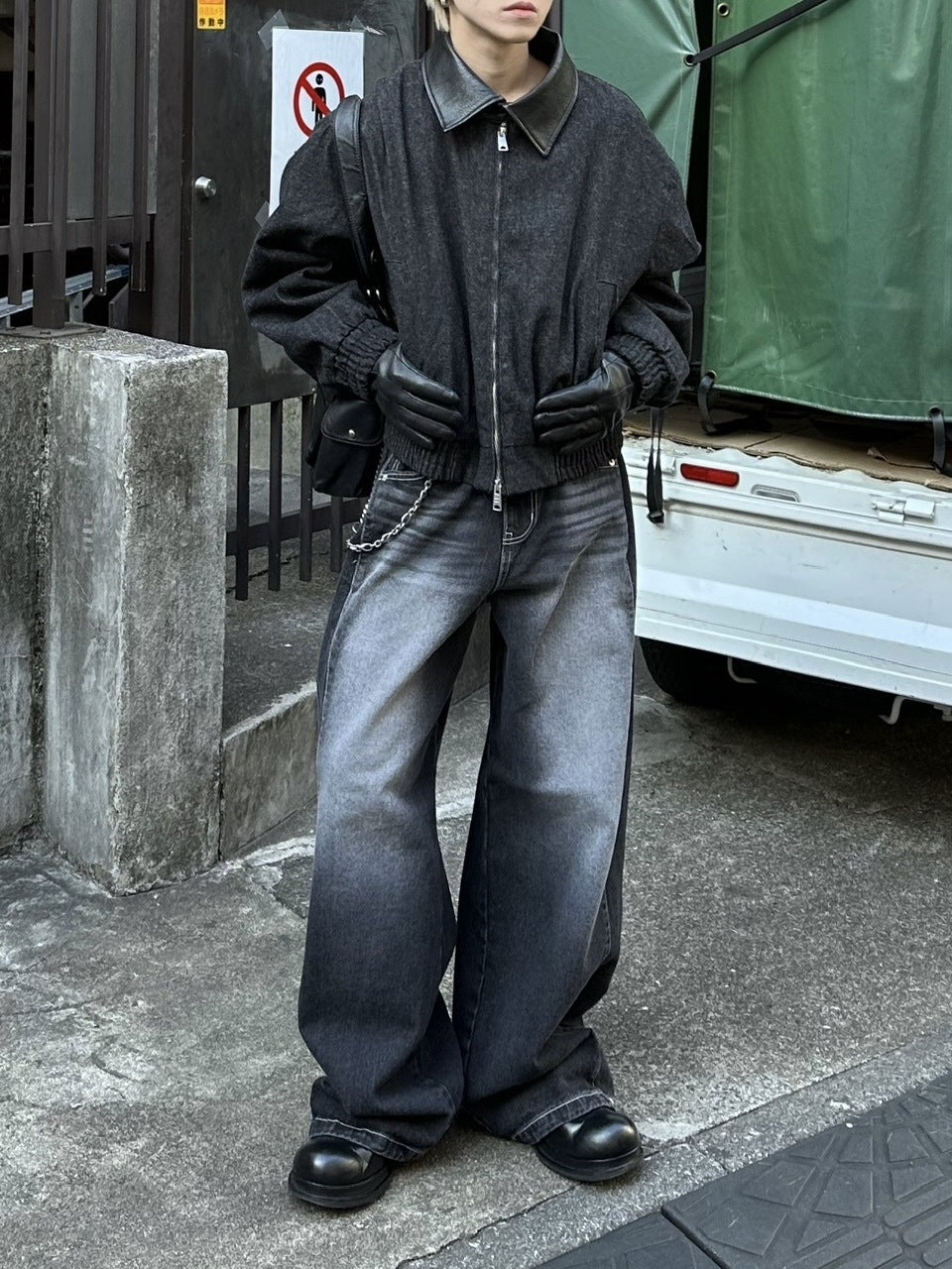 大阪店WEB限定【Chikashitsu +】cropped leather collar denim jacket