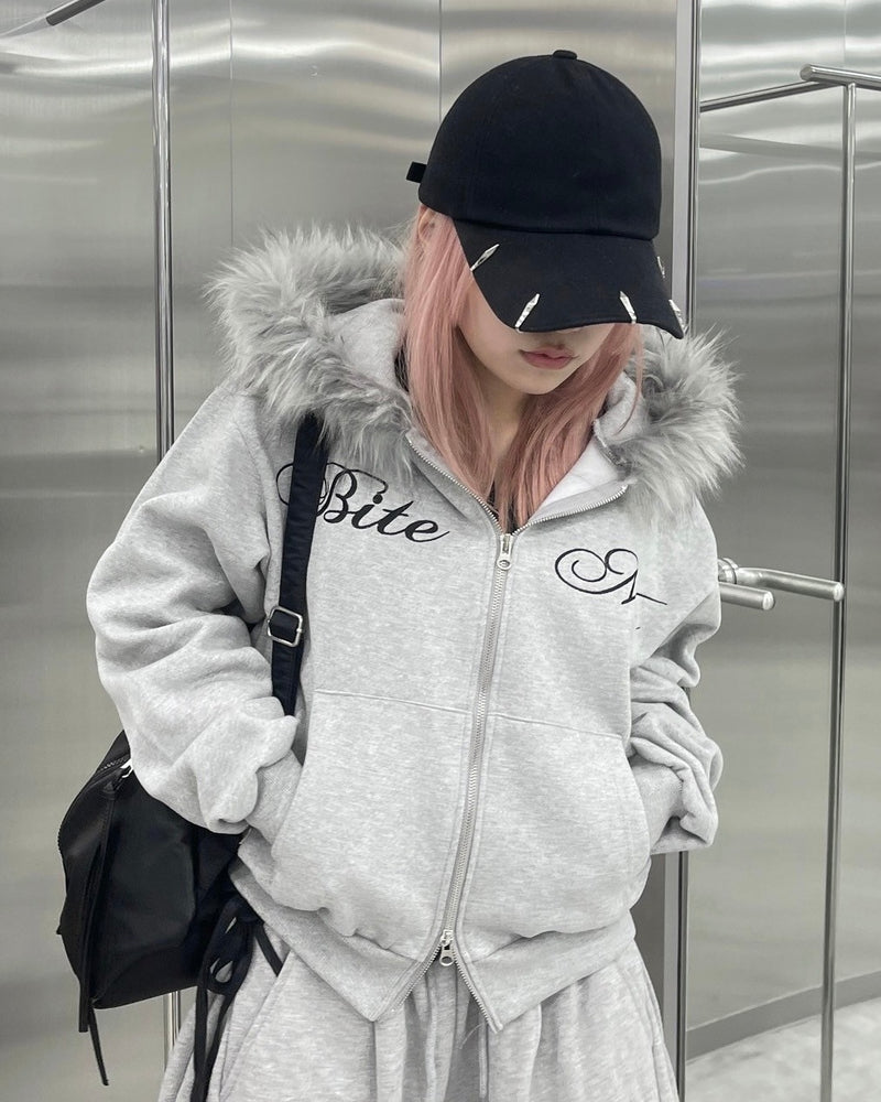 【nmtc +】embroidery fur zip up hoodie (2color)