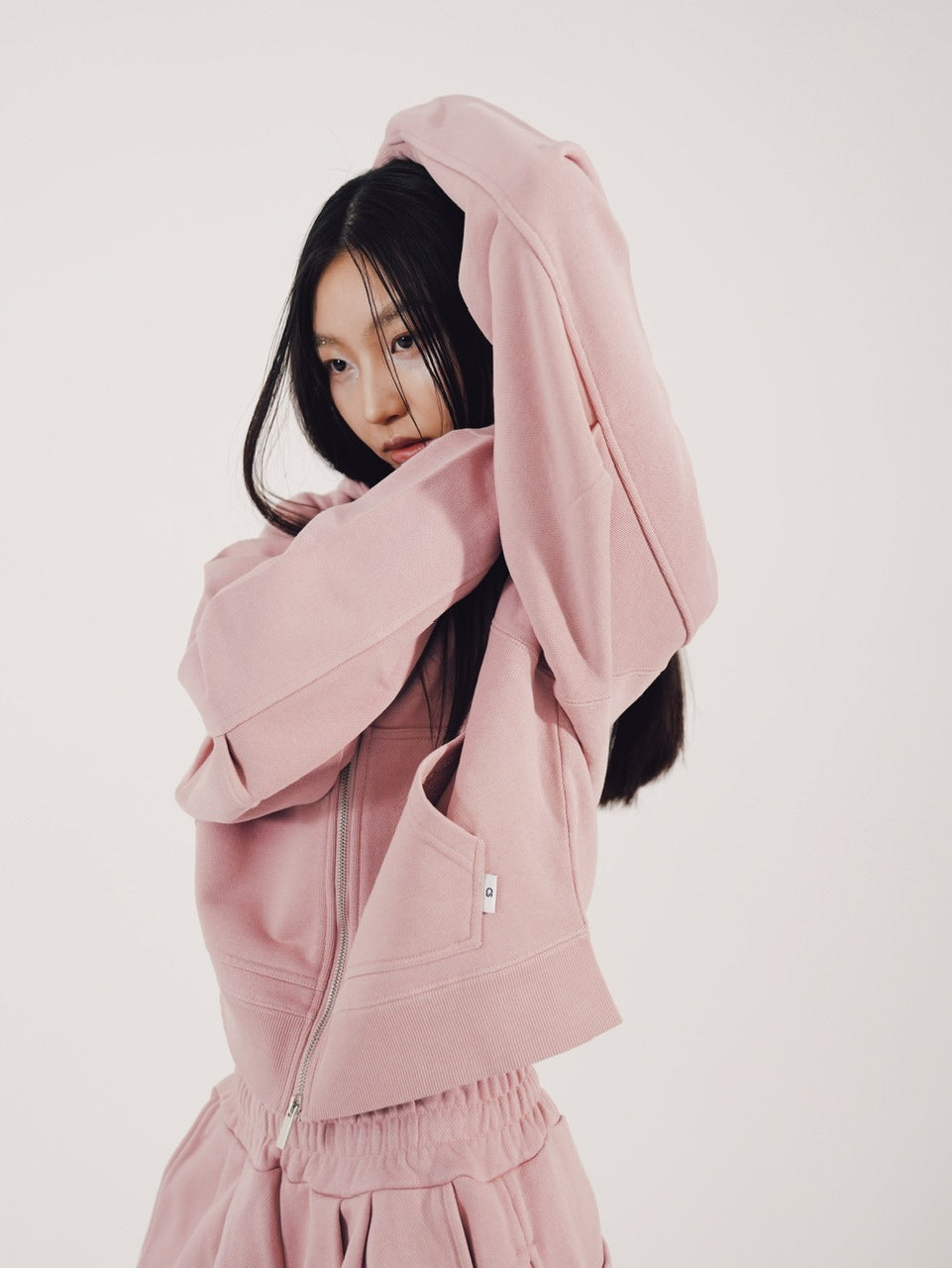 【CS】cropped double zip hoodie (pink)