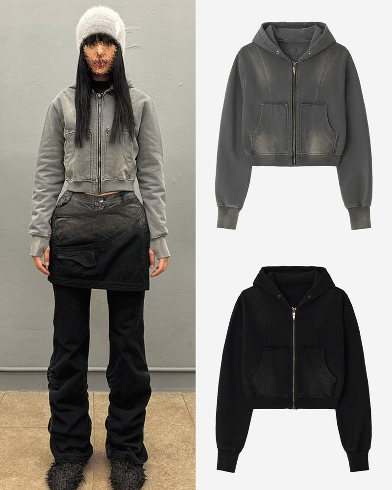 【BLR BLUER】BLEACHED CURVED INCISION SWEAT HOODIE ZIP-UP (Ｗ)
