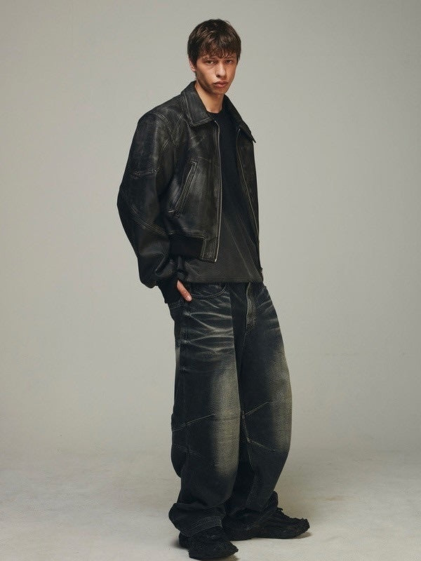 【BLR BLUER】EMBOSSED WAVE WASHING WIDE DENIM PANTS