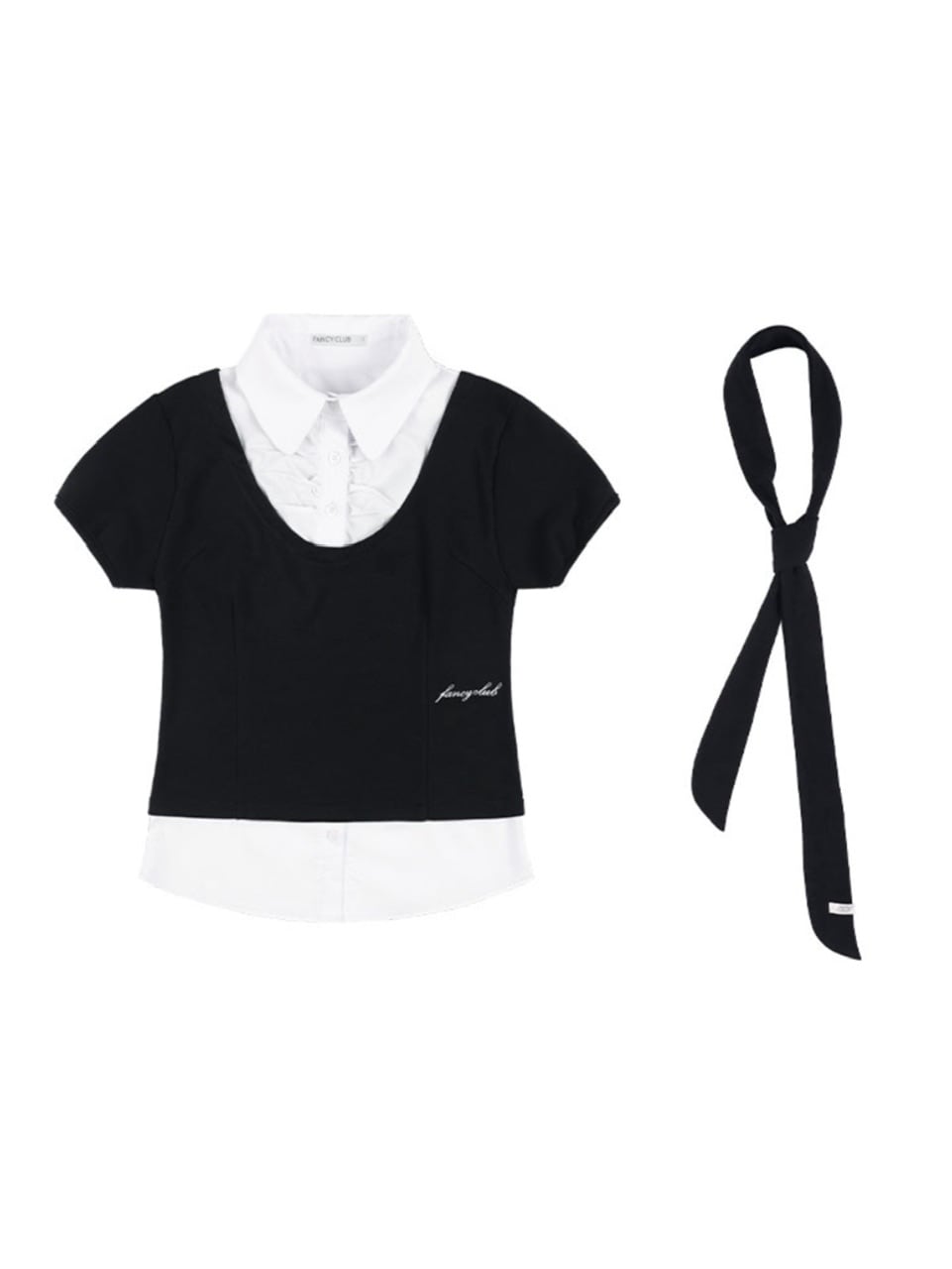 【FANCY CLUB】PREPPY RIBBON TIE SHIRT / 【ファンシークラブ】プレッピーリボンタイレイヤード半袖シャツ