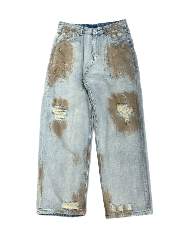 受注制【Chikashitsu +】bloody wash damage denim pants / 【チカシツプラス】ウォッシングダメージデニムパンツ