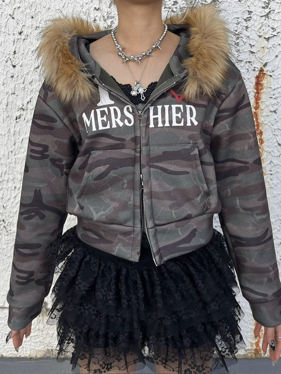 受注制【Never mind the XU】camouflage fur hood zipup /【ネバーマインドエックスユー】カモフラージュファーフードジップアップパーカー