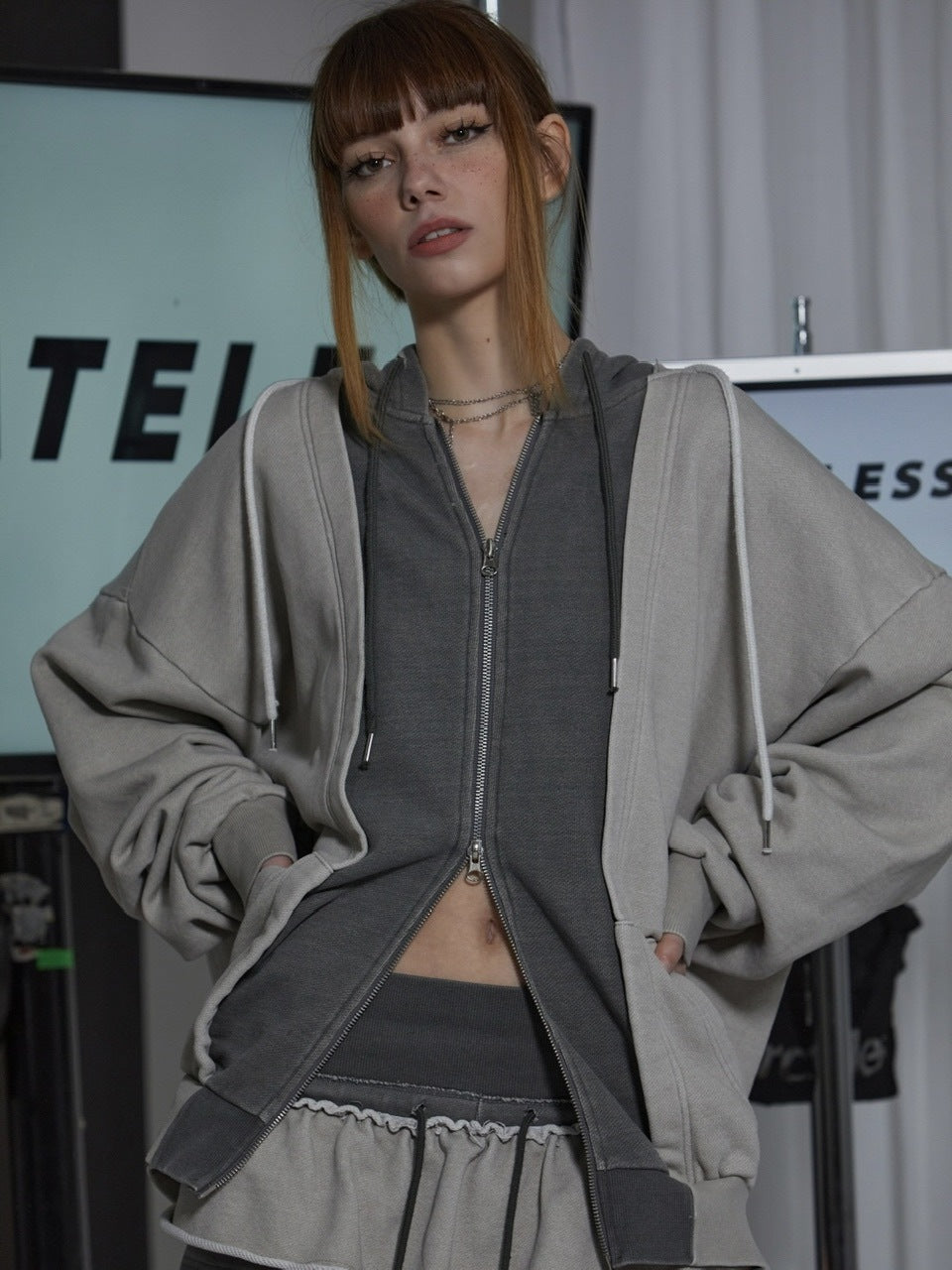 【GATELESS】VINTAGE LAYERED ZIP-UP HOODIE