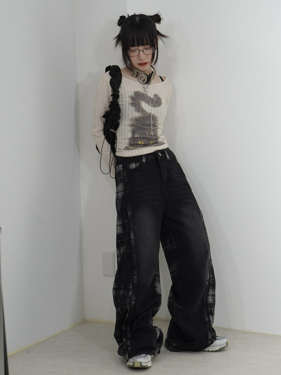 国際配送【Nerd out XU】high waist check wide denim pants