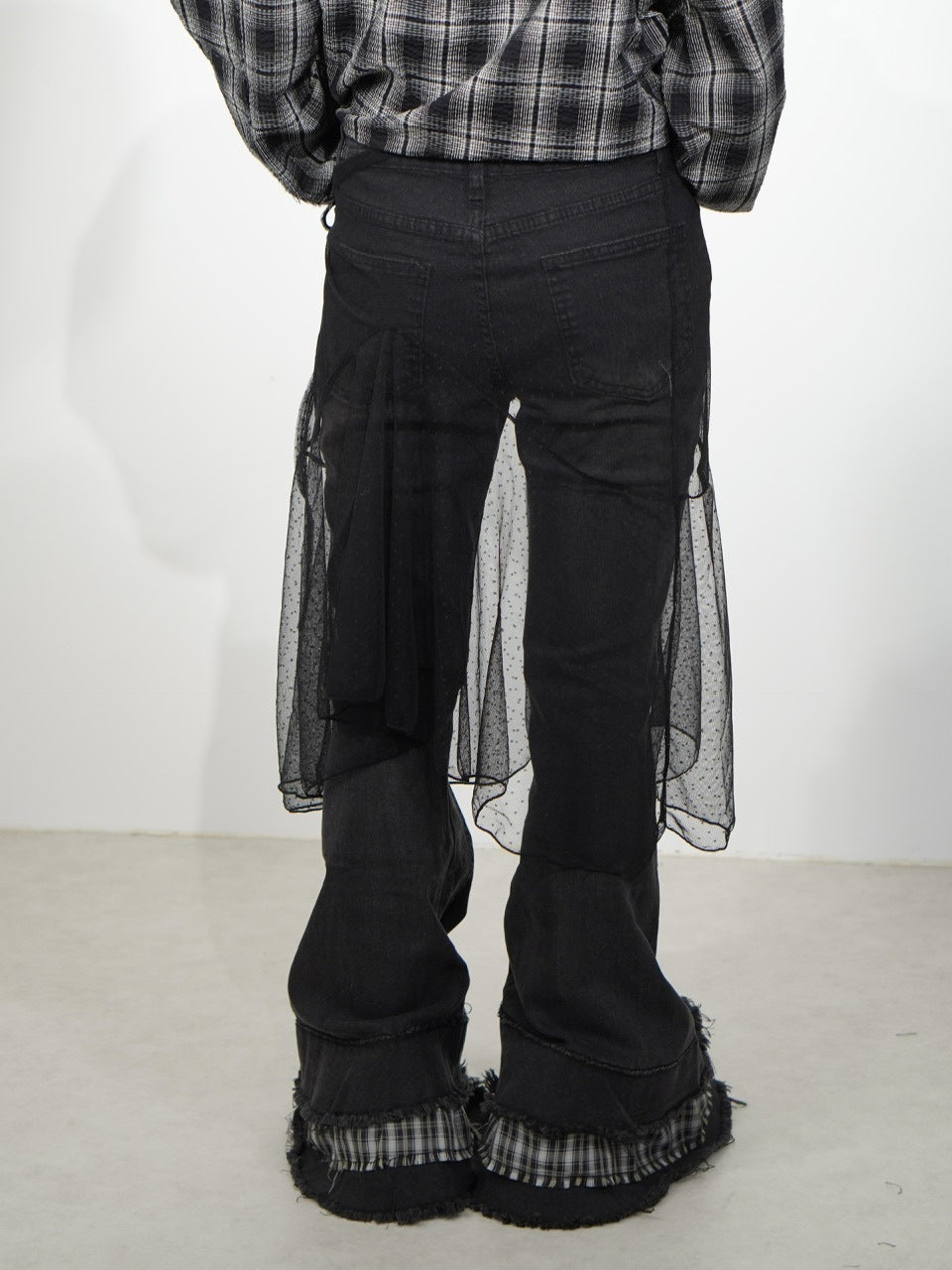 国際配送【Nerd out XU】check frill hem flare denim pants