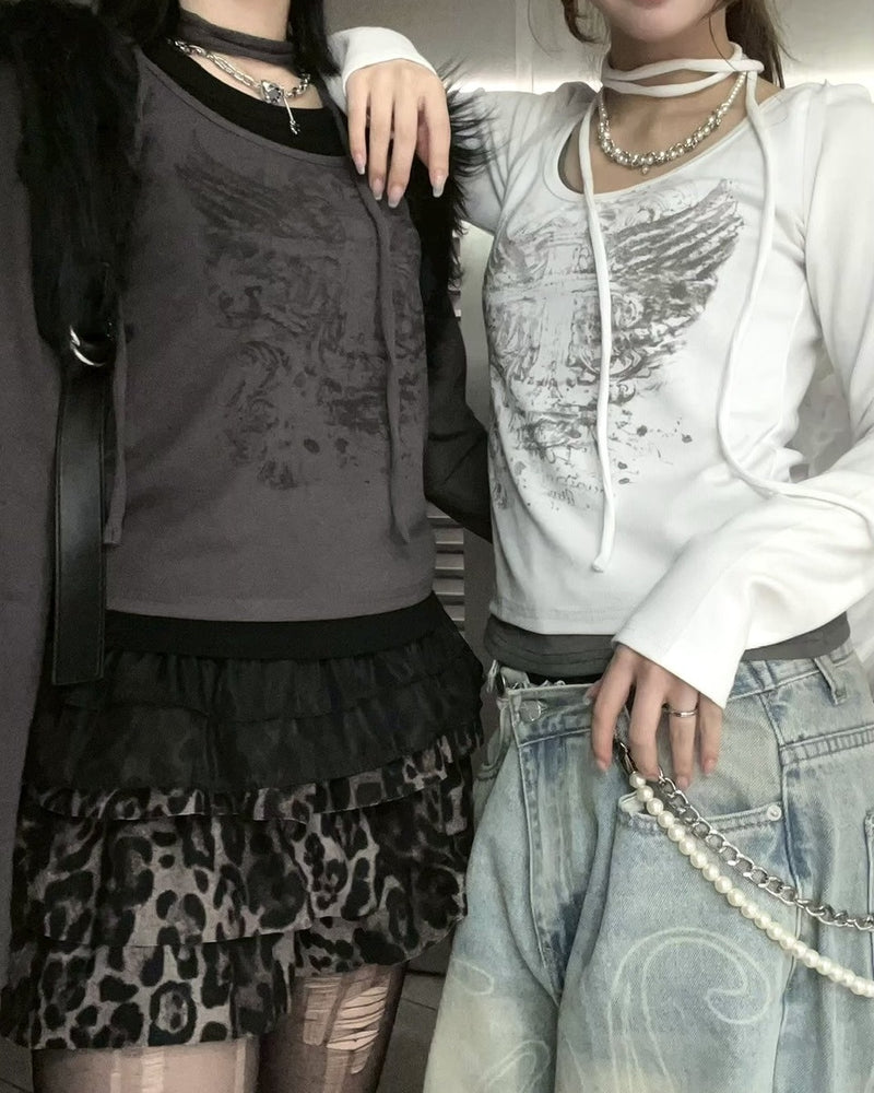 【Never mind the XU】tie set cross wing long sleeve tee (3color) / 【ネバーマインドザエックスユー】ネクタイセットクロスウィングプリント長袖Tシャツ