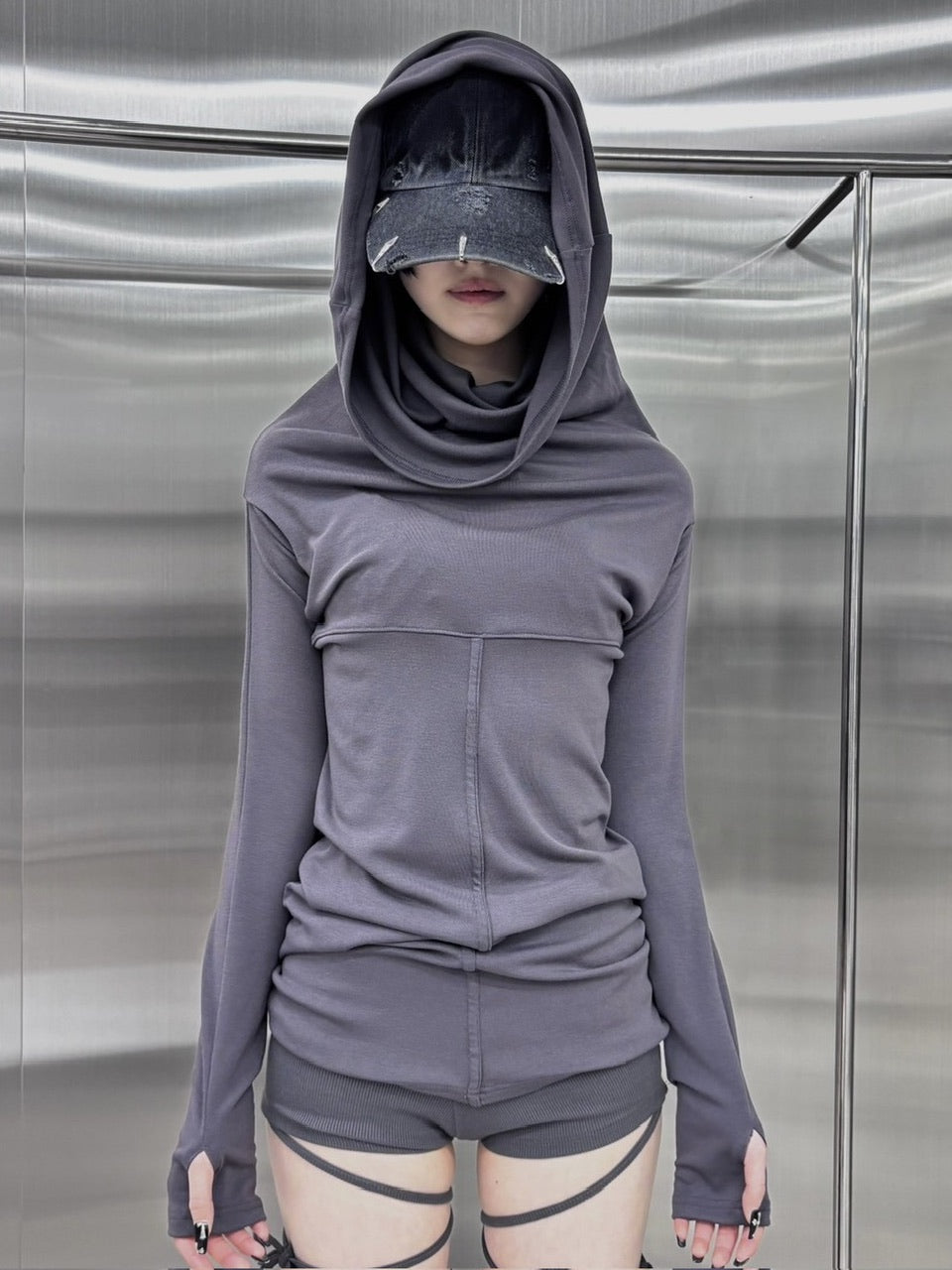 【nmtc +】3way hood onepiece (2color) / 【エヌエムティーシープラス】スリーウェイフード長袖ワンピースオフショルダー長袖ワンピースタイトミニ長袖ワンピース