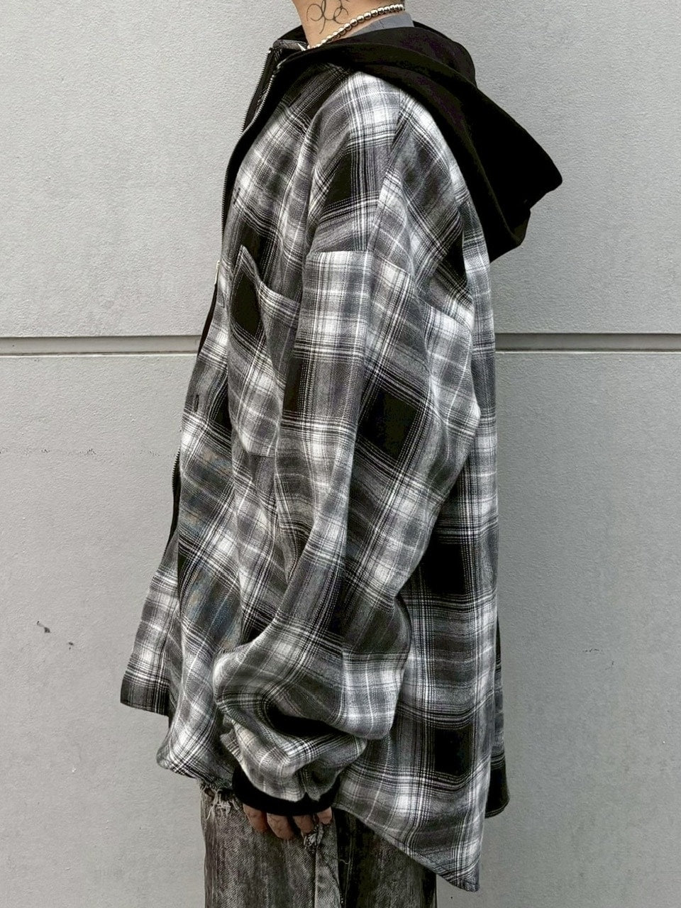 受注制【Never mind the XU】layered check shirts / 【ネバーマインドザエックスユー】レイヤードチェックフード長袖シャツパーカー