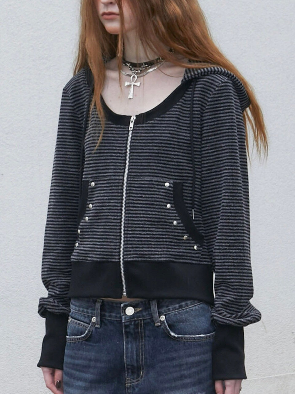 【NOT KNOWING】U Neck Stripe Hood Zip Up