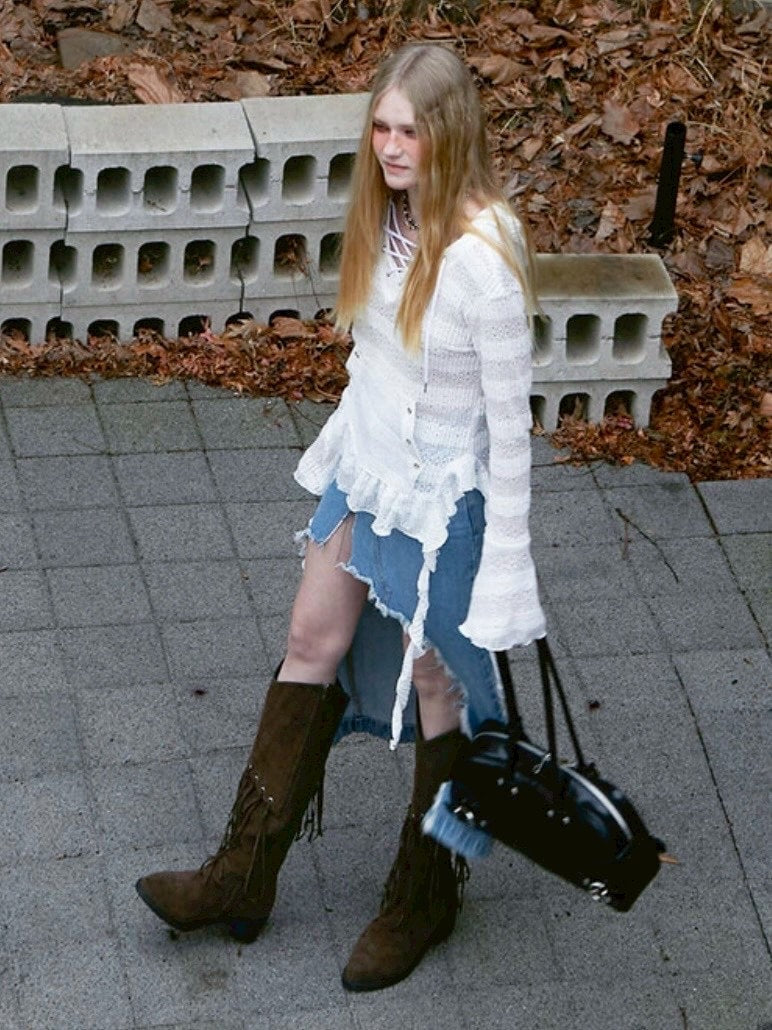 【NOT KNOWING】Lace V Neck Ruffle Hoodie