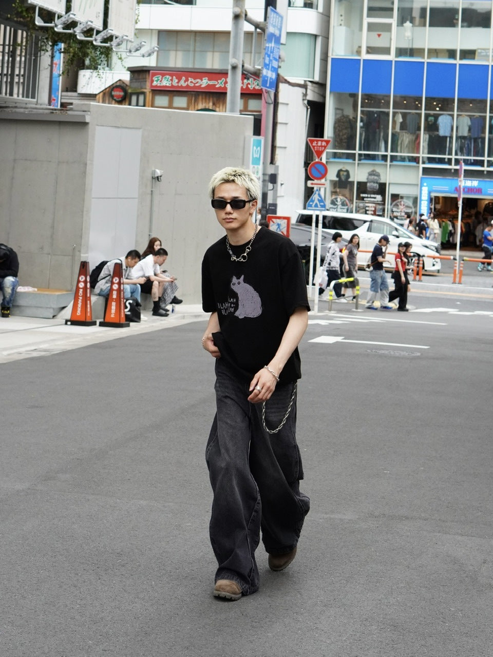 【Chikashitsu +】side wave design denim pants (BLACK)