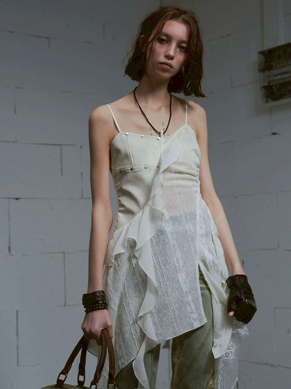 【Cest Nous】Leather lace camisole dress / 【セヌー】レザーレースシアーキャミワンピース