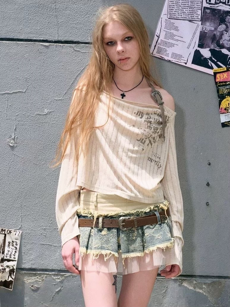 【Cest Nous】Belted Denim Pleated Skirt