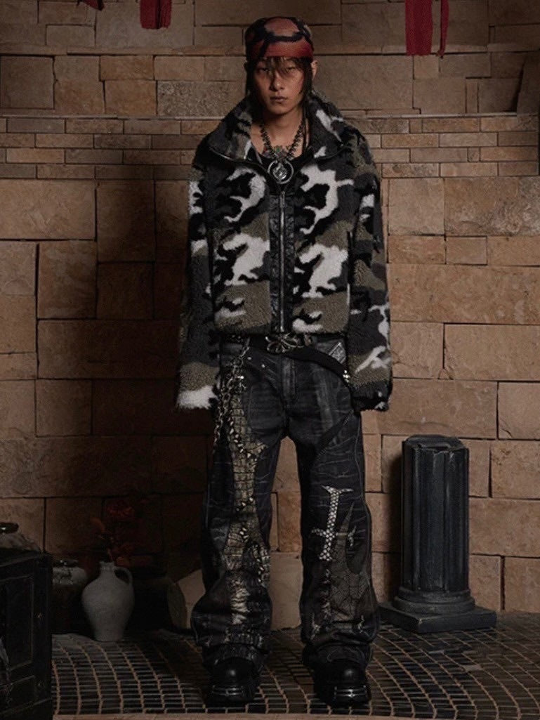【DND4DES】LEATHER CROSS SPLICING PRINTED JEANS