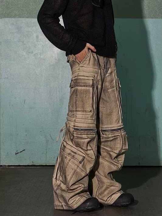 【DND4DES】DISTRESSED DRAWSTRING ADJUSTABLE ZIPPER CARGO PANTS