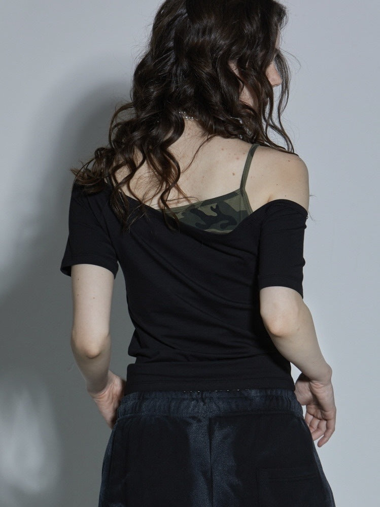 【GATELESS】LAYERED CAMI OFF-SHOULDER T-SHIRT / 【ゲートレス】レイヤードキャミソールオフショルダーTシャツ