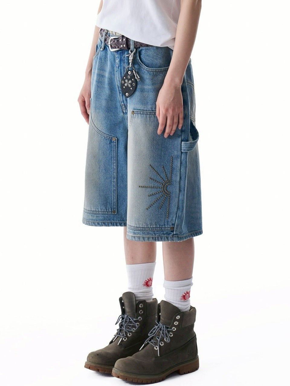 【AAKAM】Washed Double Knee Bermuda Denim Pants