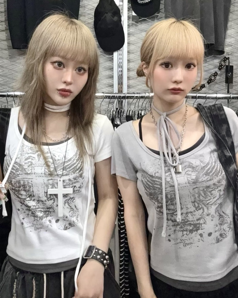 受注制【Never mind the XU】tie set cross wing tee (2color) / 【ネバーマインドザエックスユー】ネクタイセットクロスウィング半袖Tシャツ