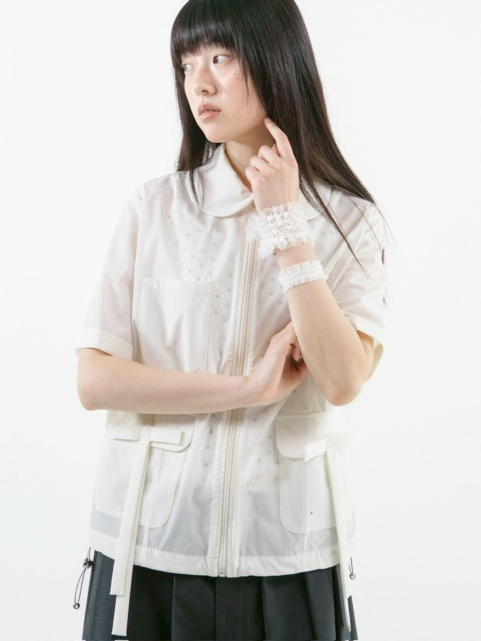 【TUOMIO】ROUND COLLAR NYLON ZIP-UP / 【トゥオミオ】ラウンドカラーナイロン半袖シャツジャケット