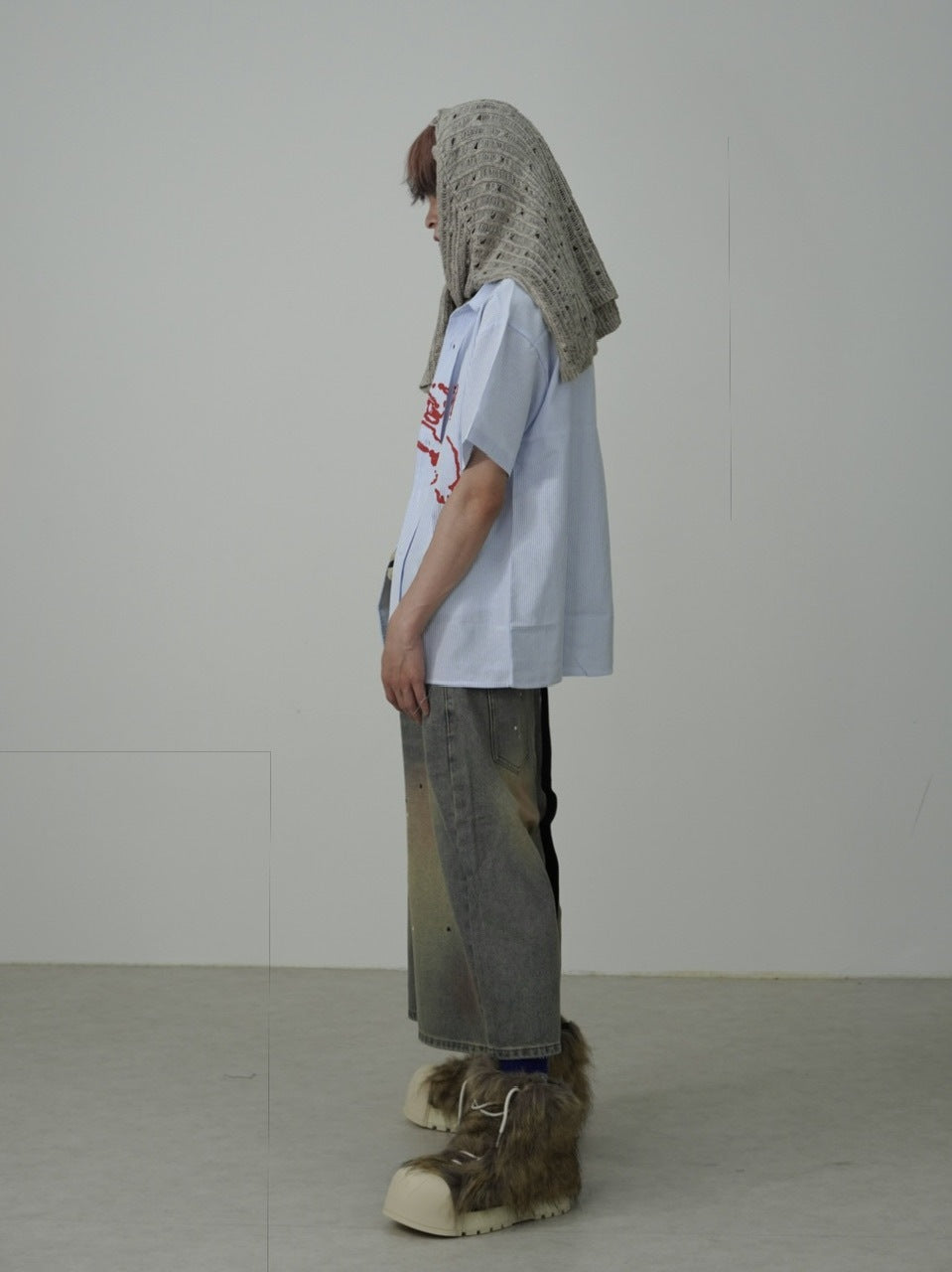 国際配送【Nerd out XU】pink washed seven quarte denim pants / 【ナードアウトエックスユー】ピンクウォッシュドワイドハーフパンツ