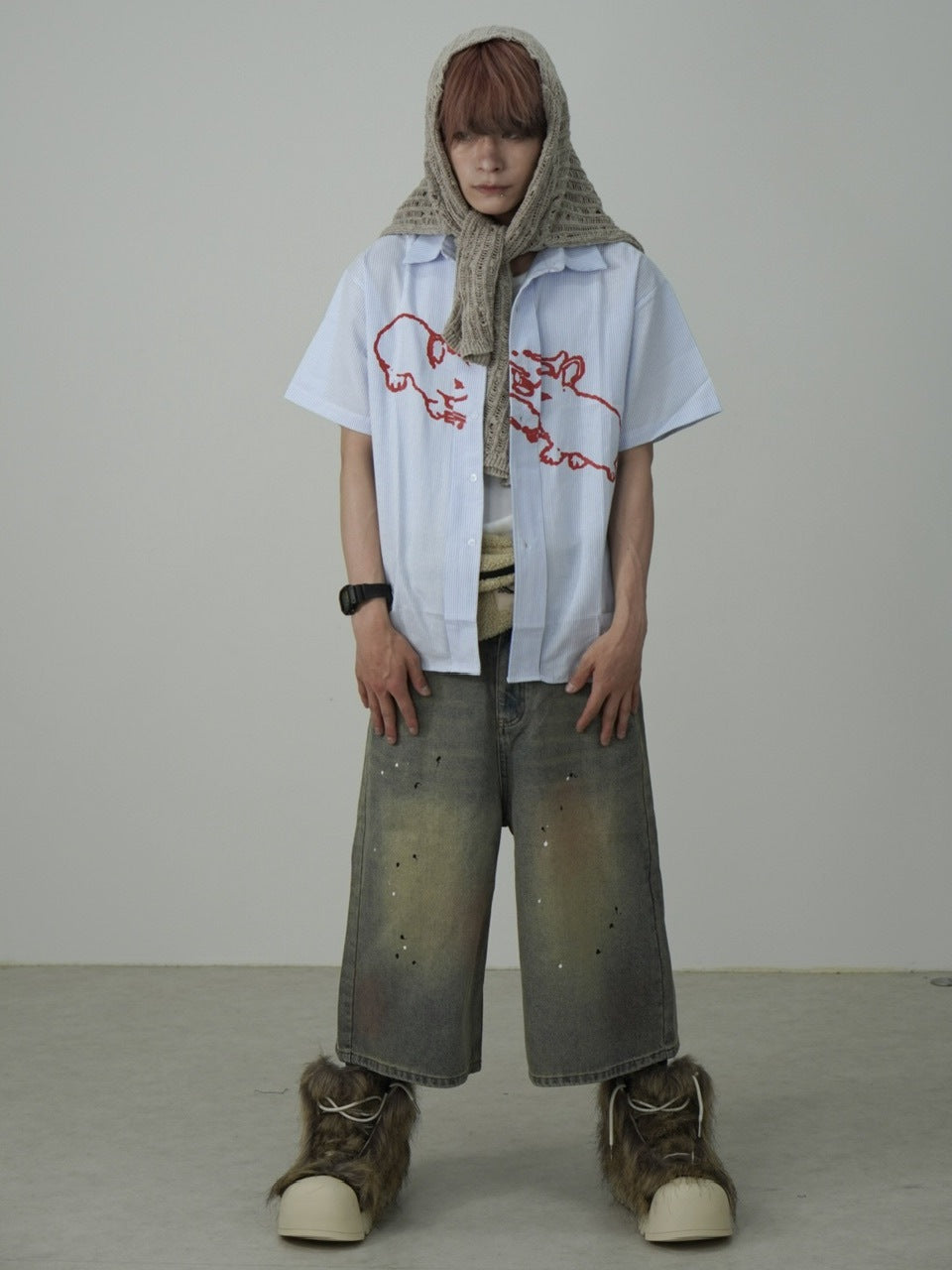 国際配送【Nerd out XU】rabbit stripe short sleeve shirt / 【ナードアウトエックスユー】ラビットプリントストライプボーダー半袖シャツ