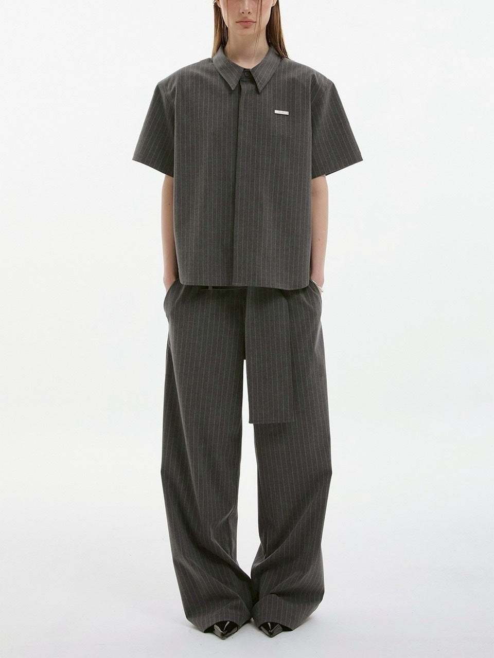 【ESC STUDIO】neat shoulder pad shirt/ 【イーエスシーステュディオ】ニートショルダーパット半袖シャツ