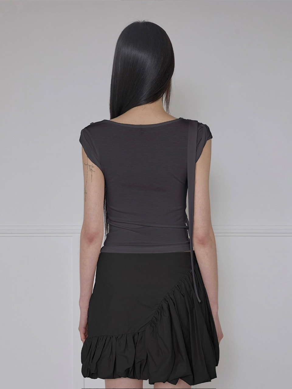 【FLAREUP】Asymmetrical Draped Strap Roll-Up T-Shirt