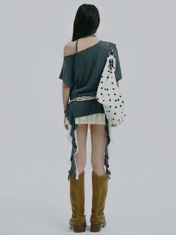 【NOT KNOWING】One Shoulder I LOVE Ruffle Top / 【ノットノーイング】ワンショルダーアイラブラッフル半袖Tシャツ