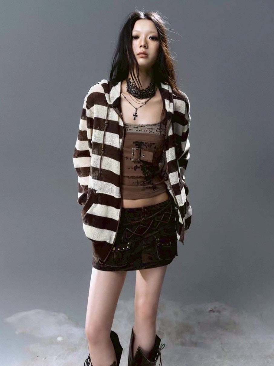 【Cest Nous】Striped Beaded Hoodie / 【セヌー】ボーダーシースルージップパーカー