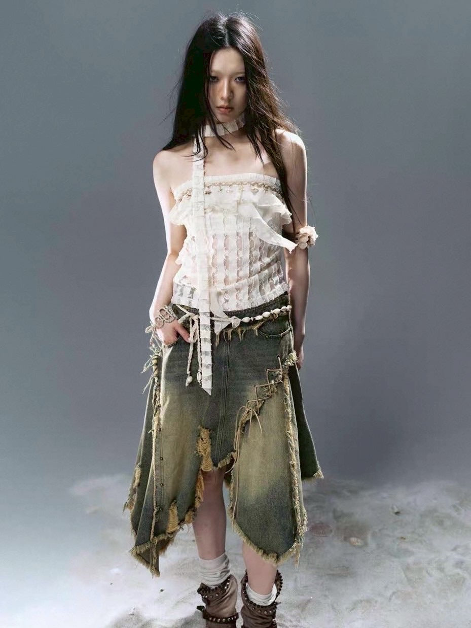 【Cest Nous】Distressed Hem Denim Skirt / 【セヌー】ダメージアシンメトリーデニムスカート