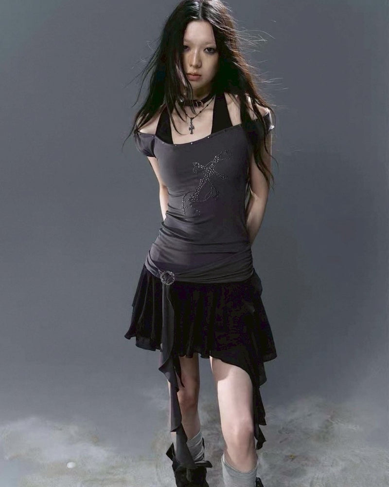 【Cest Nous】Gray Studded Dress / 【セヌー】レイヤードフリルスカートワンピース