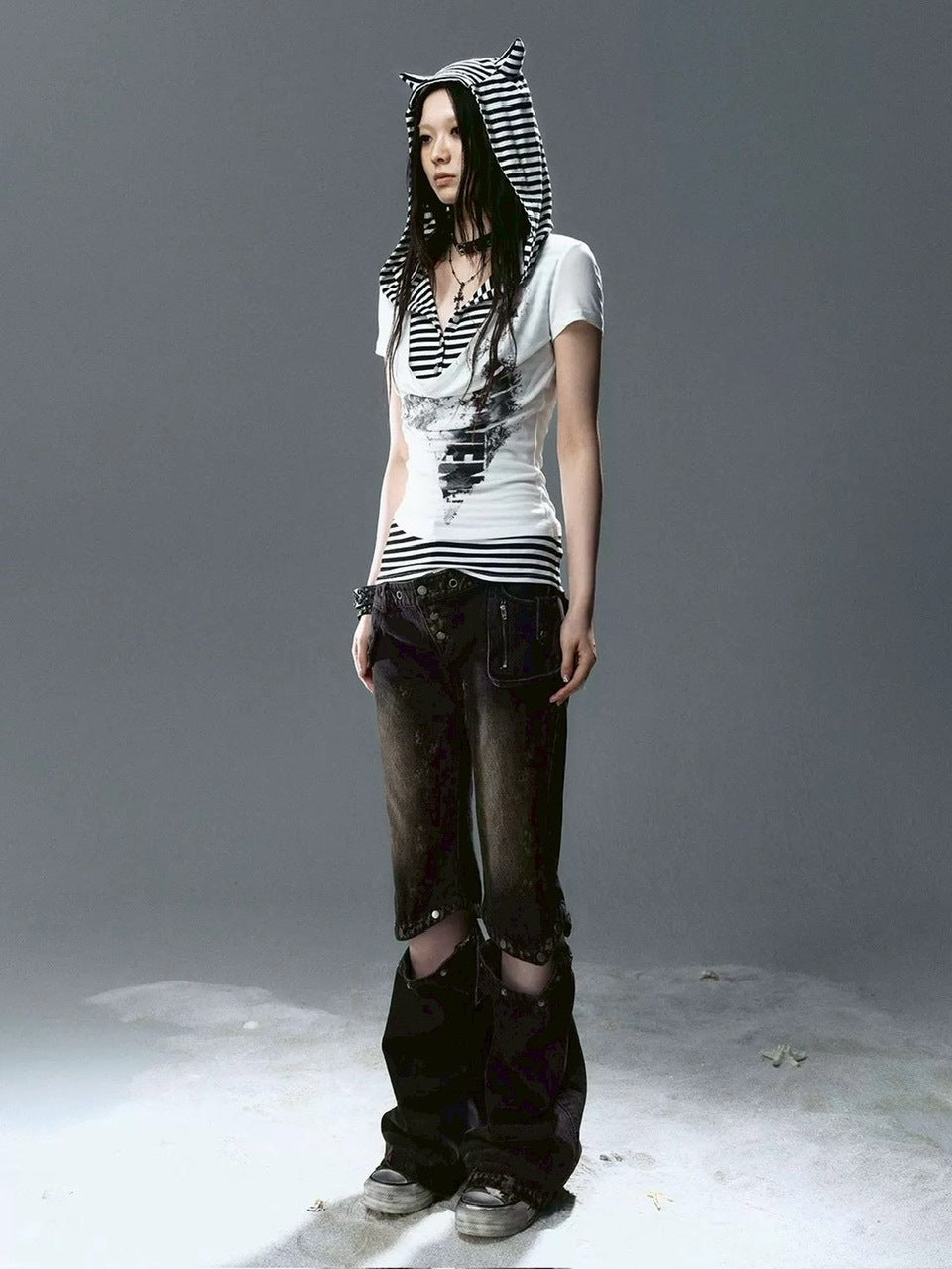 【Cest Nous】Striped Cat-Ear Top / 【セヌー】ボーダーレイヤードキャットイヤー半袖Tシャツ